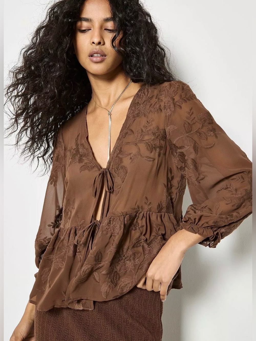 APRICOT 🍑 Embroidered Chiffon Peplum Top Tie-Front - Picture 4 of 7